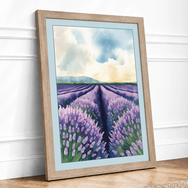Lavender Fields at Dawn Botanical Framed Wall Art Print A1 (84.1×59.4cm) Oak, Wall Decor for Living Room, Bedroom, Office & Home, Ready to Hang, Art Gift - Image 1