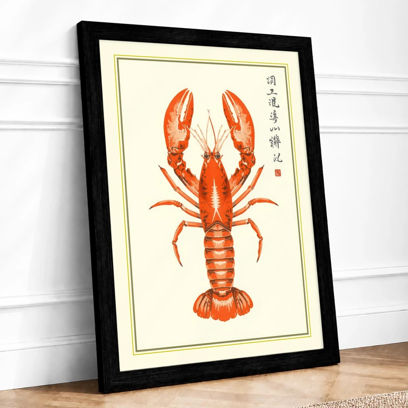 Lobster Study Japandi Framed Wall Art Print A1 (84.1×59.4cm) Black, Wall Decor for Living Room, Bedroom, Office & Home, Ready to Hang, Art Gift