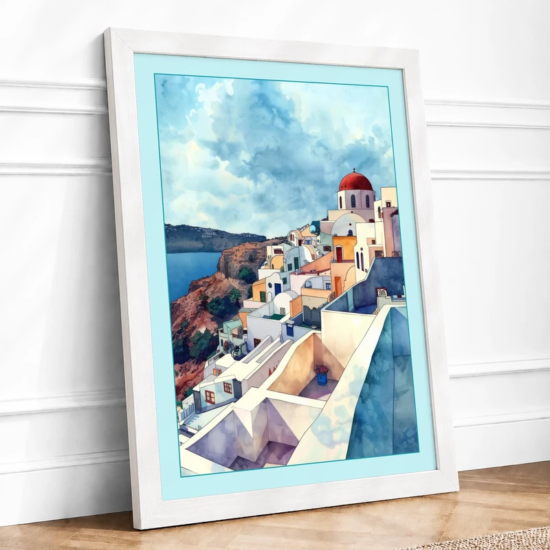 Mediterranean Clifftop Coastal Framed Wall Art Print A1 White