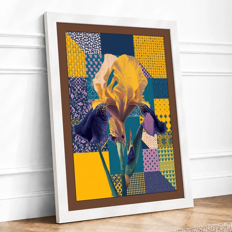 Iris in Patchwork Botanical Framed Wall Art Print A1 (84.1×59.4cm) White, Wall Decor for Living Room, Bedroom, Office & Home, Ready to Hang, Art Gift