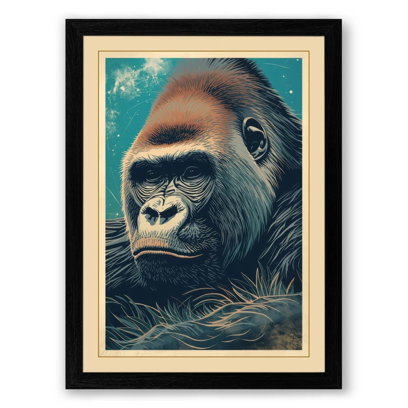 Gorilla Portrait Study Vintage Framed Wall Art Print A1 (84.1×59.4cm) Black, Wall Decor for Living Room, Bedroom, Office & Home, Ready to Hang, Art Gift