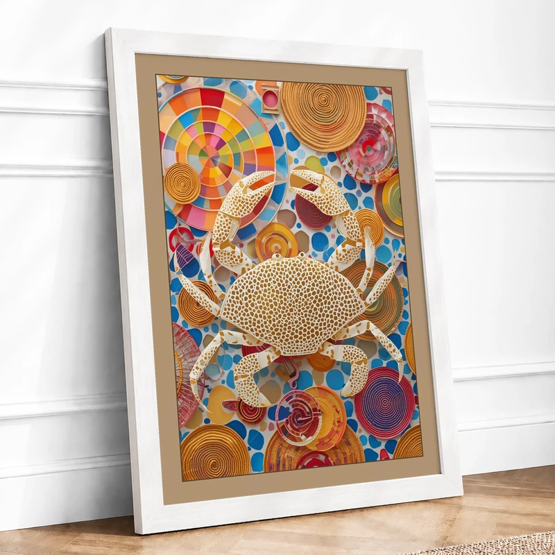 Crab Among Circles Eclectic Framed Wall Art Print A1 (84.1×59.4cm) White, Wall Decor for Living Room, Bedroom, Office & Home, Ready to Hang, Art Gift