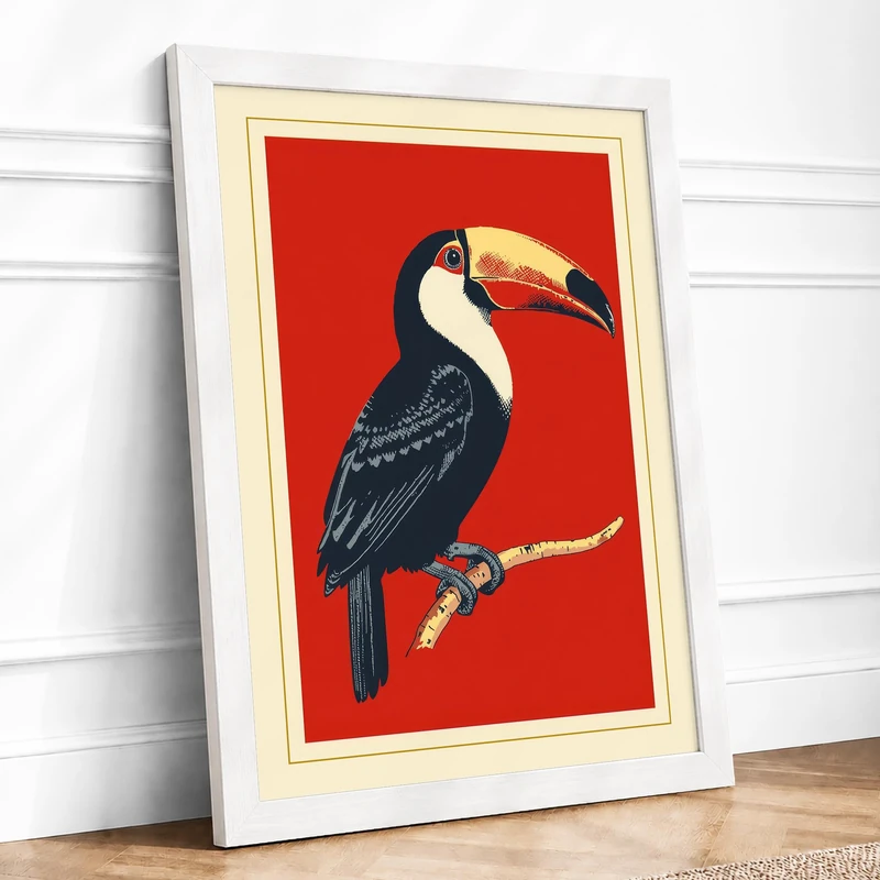 Toucan Profile Retro Framed Wall Art Print A1 (84.1×59.4cm) White, Wall Decor for Living Room, Bedroom, Office & Home, Ready to Hang, Art Gift