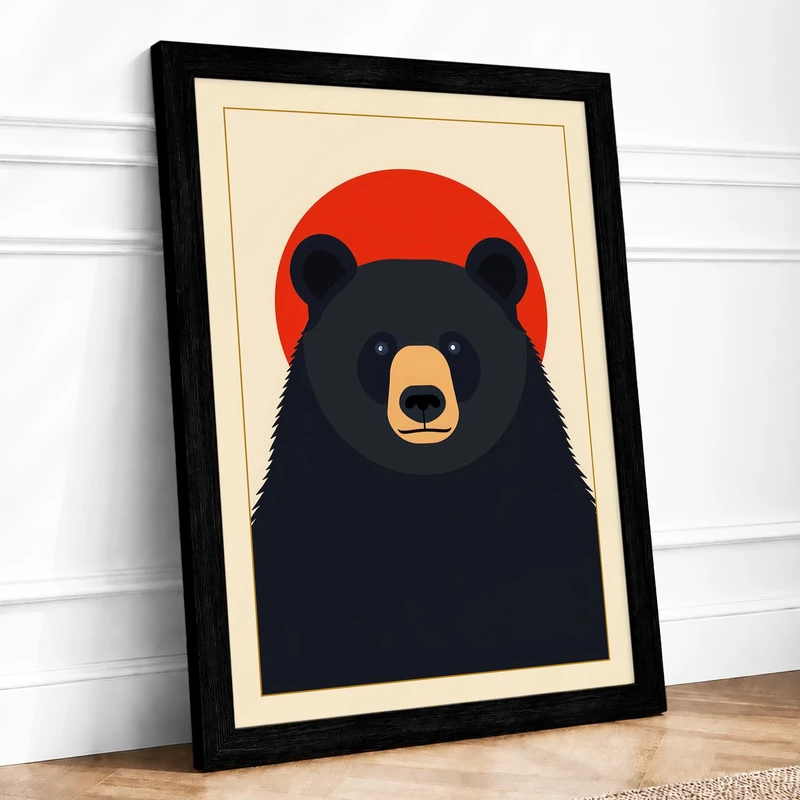 Bear and Rising Sun Minimalist Framed Wall Art Print A1 (84.1×59.4cm) Black, Wall Decor for Living Room, Bedroom, Office & Home, Ready to Hang, Art Gift