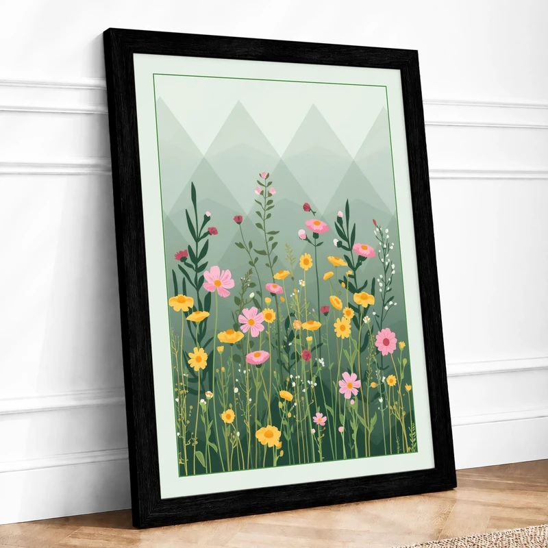 Wildflower Meadow Modern Framed Wall Art Print A1 (84.1×59.4cm) Black, Wall Decor for Living Room, Bedroom, Office & Home, Ready to Hang, Art Gift