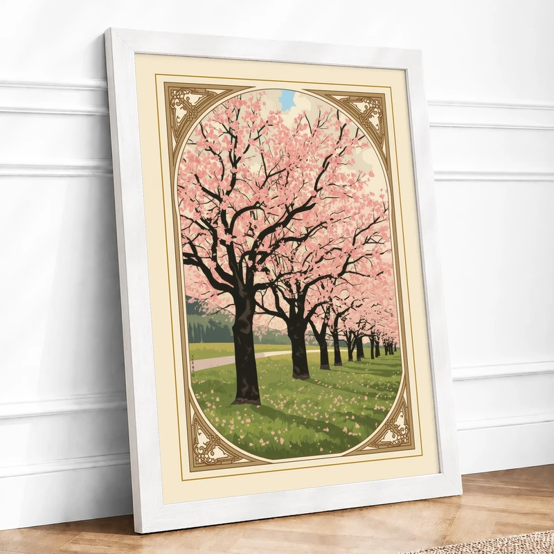 Cherry Blossom Path Vintage Framed Wall Art Print A1 (84.1×59.4cm) White, Wall Decor for Living Room, Bedroom, Office & Home, Ready to Hang, Art Gift - Image 1
