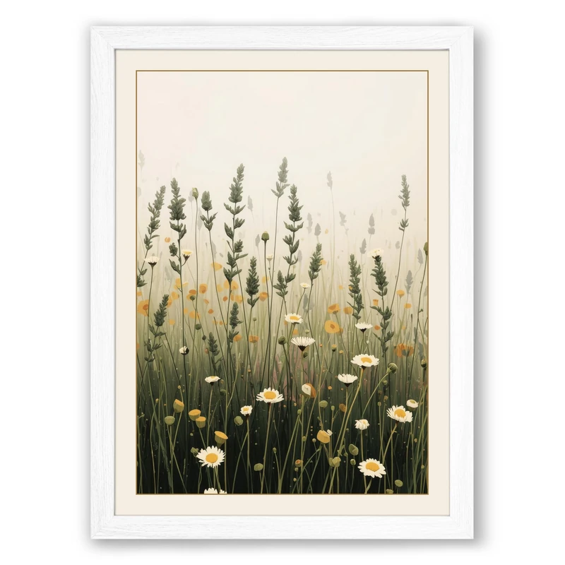 Misty Wildflower Field Botanical Framed Wall Art Print A1 (84.1×59.4cm) White, Wall Decor for Living Room, Bedroom, Office & Home, Ready to Hang, Art Gift