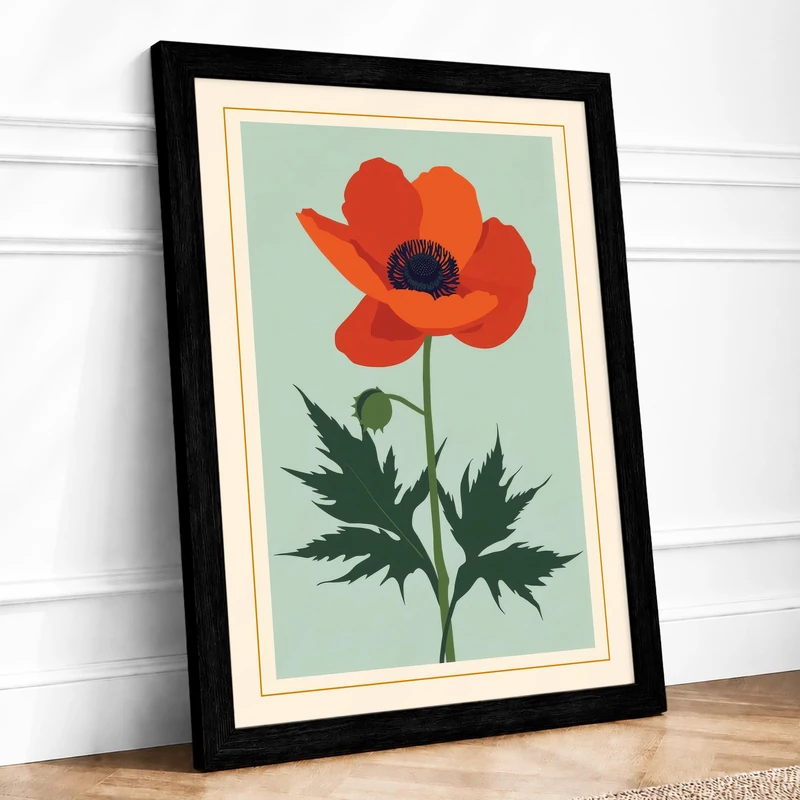 Red Poppy Botanical Framed Wall Art Print A1 (84.1×59.4cm) Black, Wall Decor for Living Room, Bedroom, Office & Home, Ready to Hang, Art Gift - Image 1