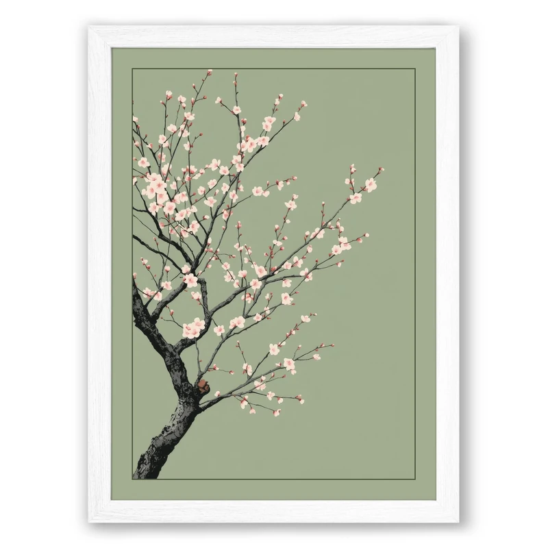 Moonlit Cherry Blossom Botanical Framed Wall Art Print A1 (84.1×59.4cm) White, Wall Decor for Living Room, Bedroom, Office & Home, Ready to Hang, Art Gift