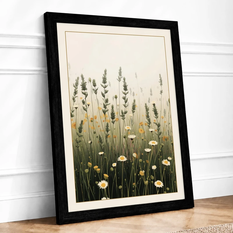 Misty Wildflower Field Botanical Framed Wall Art Print A1 (84.1×59.4cm) Black, Wall Decor for Living Room, Bedroom, Office & Home, Ready to Hang, Art Gift