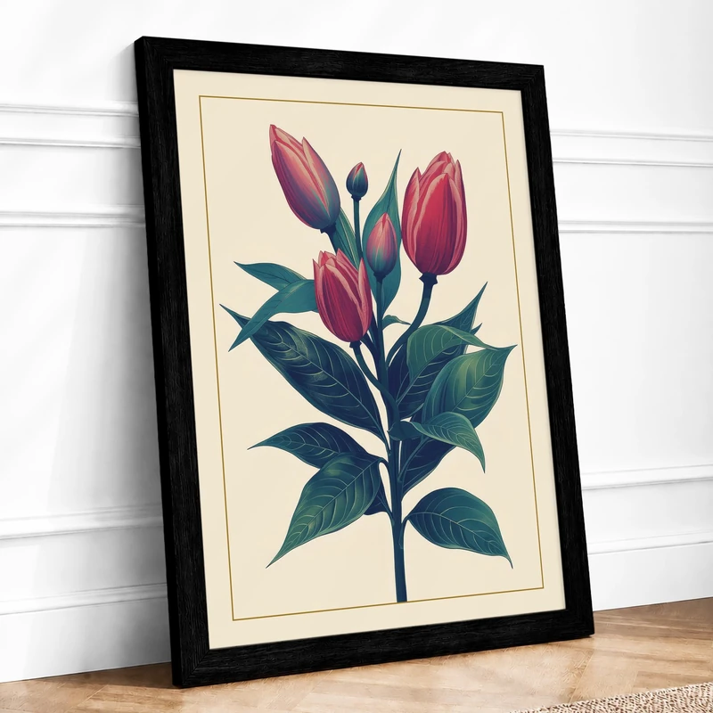 Twin Crimson Tulips Botanical Framed Wall Art Print A1 (84.1×59.4cm) Black, Wall Decor for Living Room, Bedroom, Office & Home, Ready to Hang, Art Gift