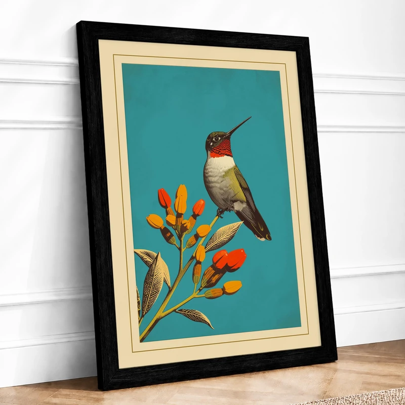 Hummingbird on Blossom Botanical Framed Wall Art Print A1 (84.1×59.4cm) Black, Wall Decor for Living Room, Bedroom, Office & Home, Ready to Hang, Art Gift