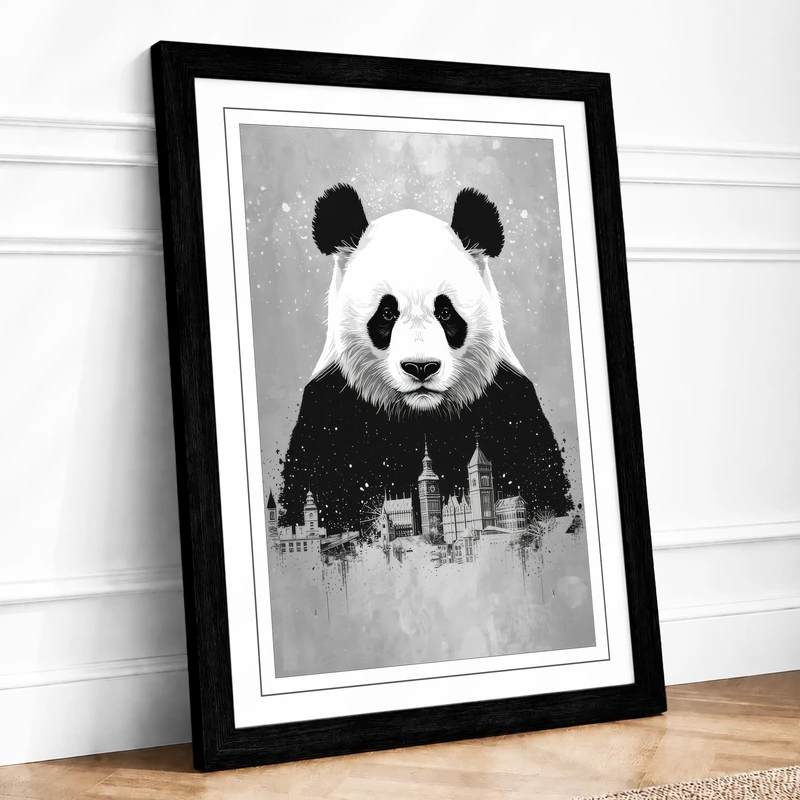 Panda City Modern Framed Wall Art Print A1 (84.1×59.4cm) Black, Wall Decor for Living Room, Bedroom, Office & Home, Ready to Hang, Art Gift