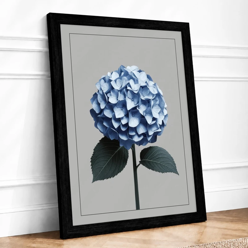 Blue Hydrangea Botanical Framed Wall Art Print A1 Black
