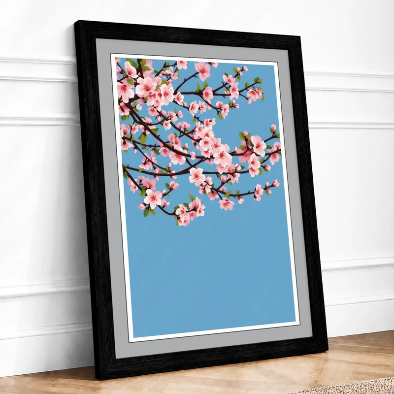 Moonlit Cherry Blossom Botanical Framed Wall Art Print A1 (84.1×59.4cm) Black, Wall Decor for Living Room, Bedroom, Office & Home, Ready to Hang, Art Gift