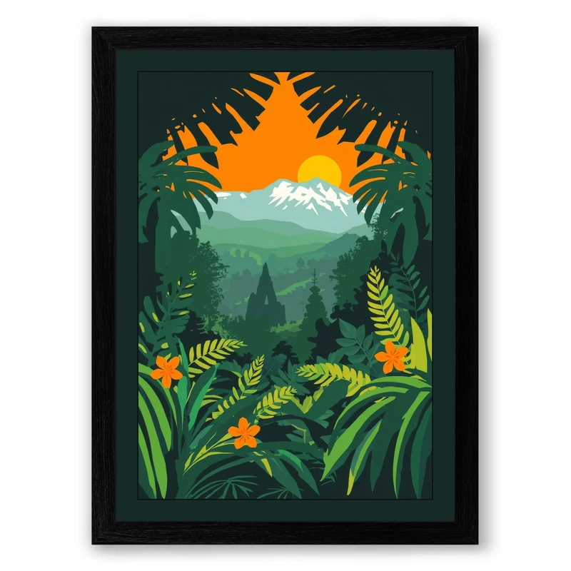 Mountain Through Jungle Tropical Framed Wall Art Print A1 (84.1×59.4cm) Black, Wall Decor for Living Room, Bedroom, Office & Home, Ready to Hang, Art Gift
