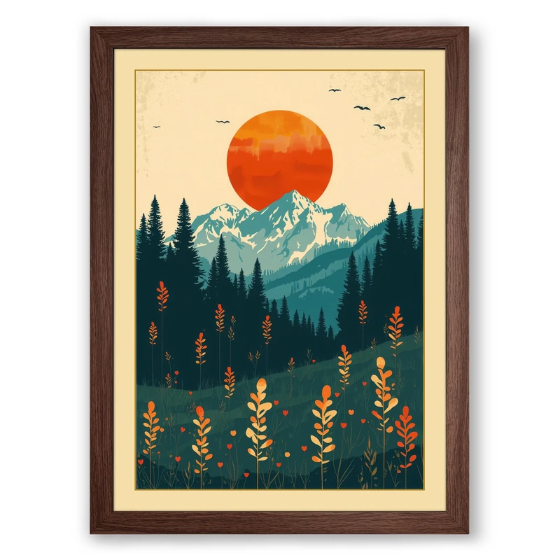 Mountain Under Golden Sun Minimalist Framed Wall Art Print A1 (84.1×59.4cm) Walnut, Wall Decor for Living Room, Bedroom, Office & Home, Ready to Hang, Art Gift