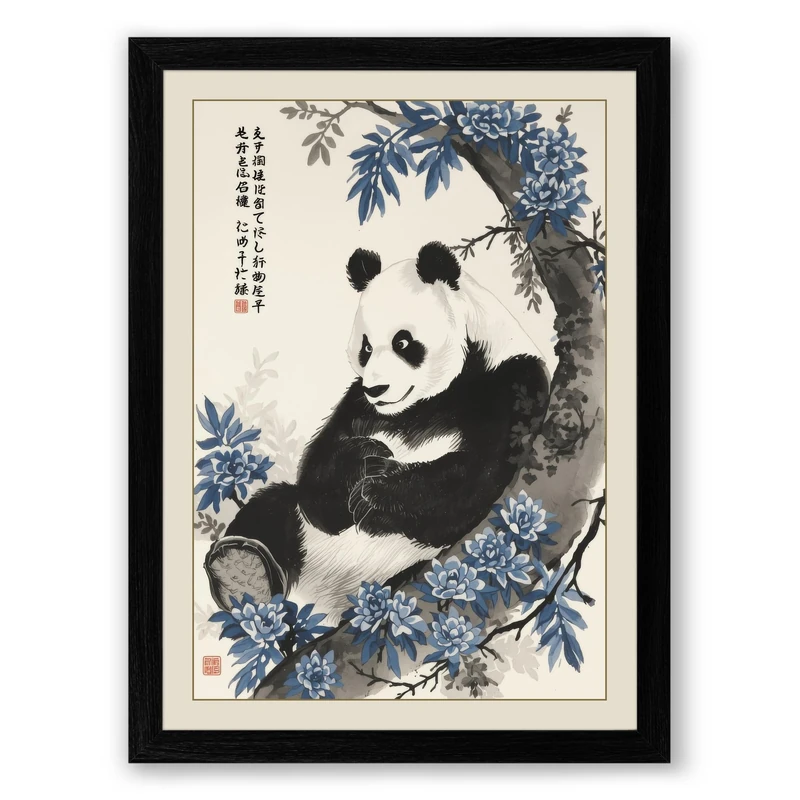 Panda in Bloom Japandi Framed Wall Art Print A1 (84.1×59.4cm) Black, Wall Decor for Living Room, Bedroom, Office & Home, Ready to Hang, Art Gift