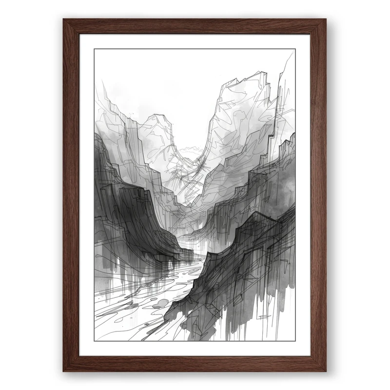Mountain Gorge Study Minimalist Framed Wall Art Print A1 (84.1×59.4cm) Walnut, Wall Decor for Living Room, Bedroom, Office & Home, Ready to Hang, Art Gift