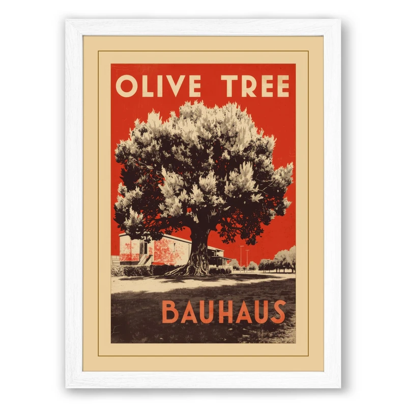 Bauhaus Olive Tree Vintage Framed Wall Art Print A1 (84.1×59.4cm) White, Wall Decor for Living Room, Bedroom, Office & Home, Ready to Hang, Art Gift