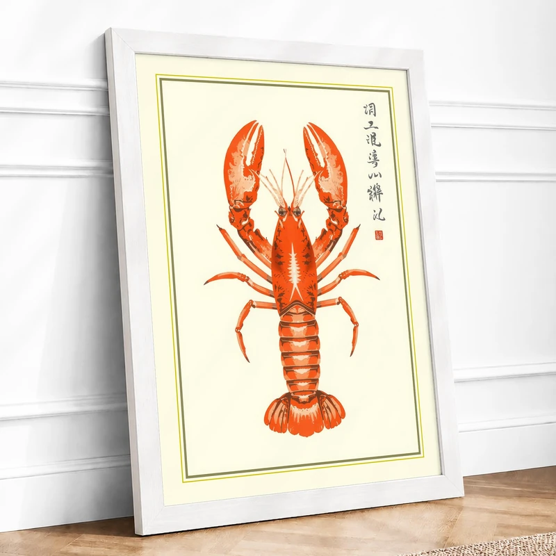 Lobster Study Japandi Framed Wall Art Print A1 (84.1×59.4cm) White, Wall Decor for Living Room, Bedroom, Office & Home, Ready to Hang, Art Gift