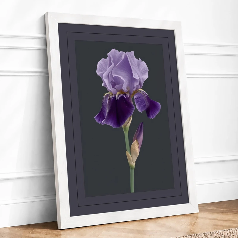 Iris in Lavender Botanical Framed Wall Art Print A1 (84.1×59.4cm) White, Wall Decor for Living Room, Bedroom, Office & Home, Ready to Hang, Art Gift