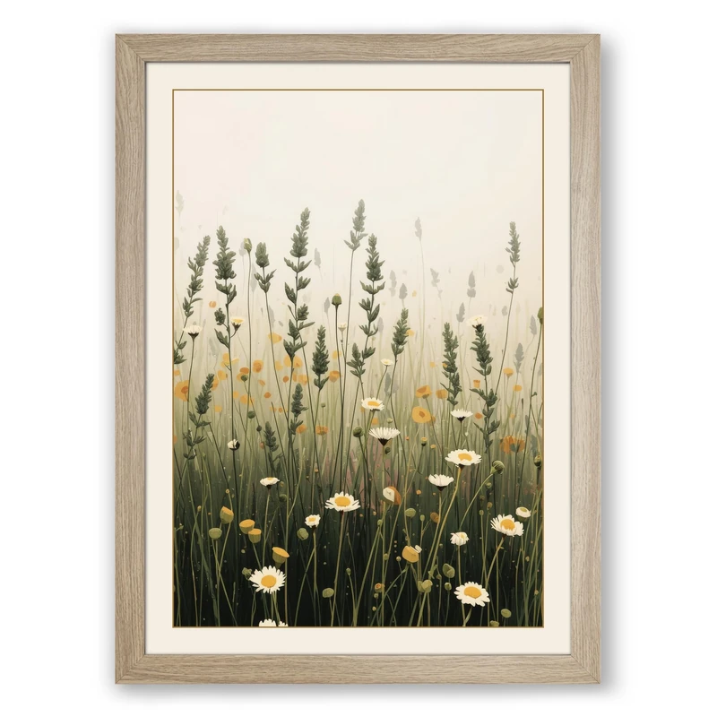 Misty Wildflower Field Botanical Framed Wall Art Print A1 (84.1×59.4cm) Oak, Wall Decor for Living Room, Bedroom, Office & Home, Ready to Hang, Art Gift