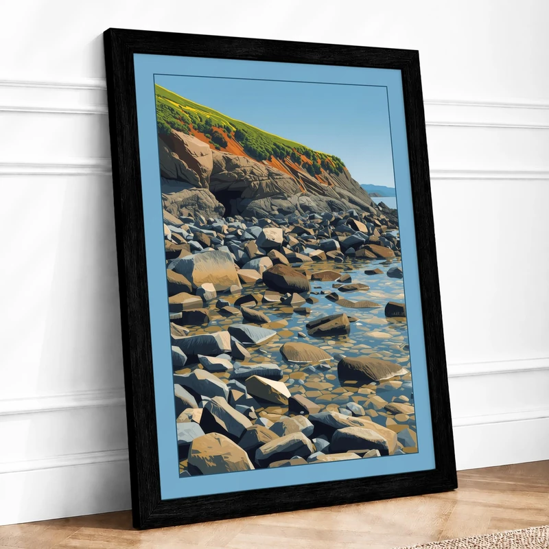 Rocky Shoreline at Daylight Coastal Framed Wall Art Print A1 (84.1×59.4cm) Black, Wall Decor for Living Room, Bedroom, Office & Home, Ready to Hang, Art Gift - Image 1