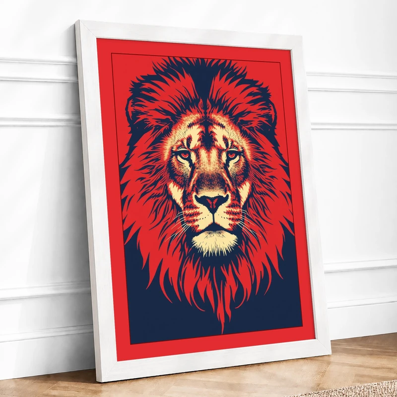 Commanding Lion Modern Framed Wall Art Print A1 (84.1×59.4cm) White, Wall Decor for Living Room, Bedroom, Office & Home, Ready to Hang, Art Gift