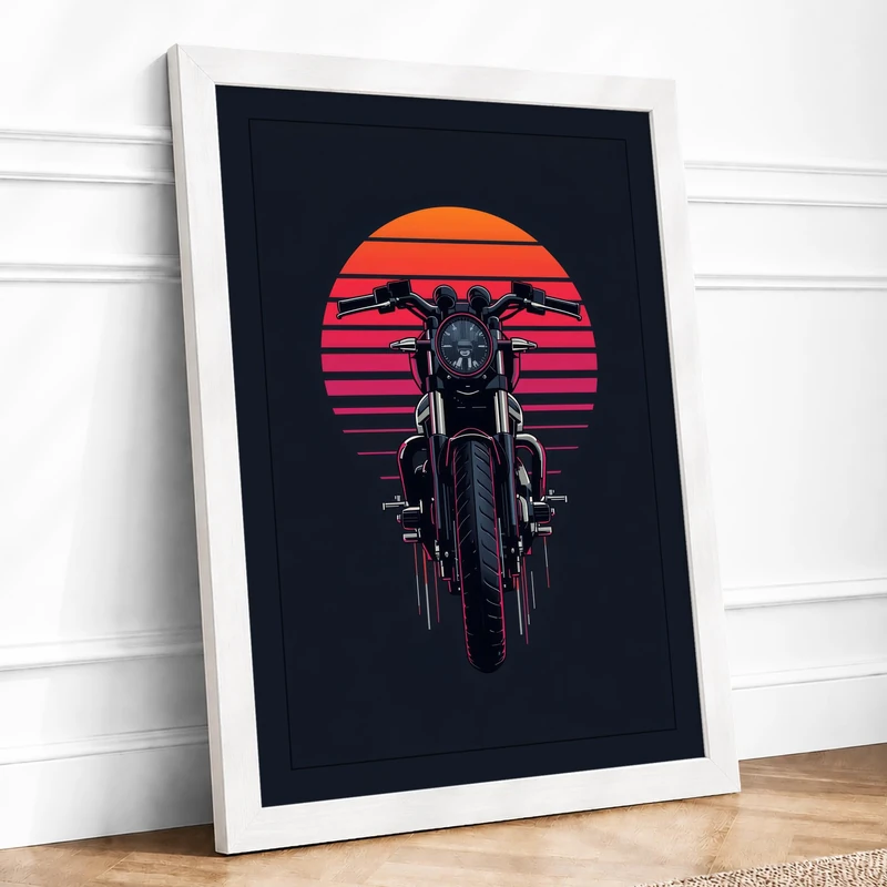 Motorcycle and Rising Sun Retro Framed Wall Art Print A1 (84.1×59.4cm) White, Wall Decor for Living Room, Bedroom, Office & Home, Ready to Hang, Art Gift