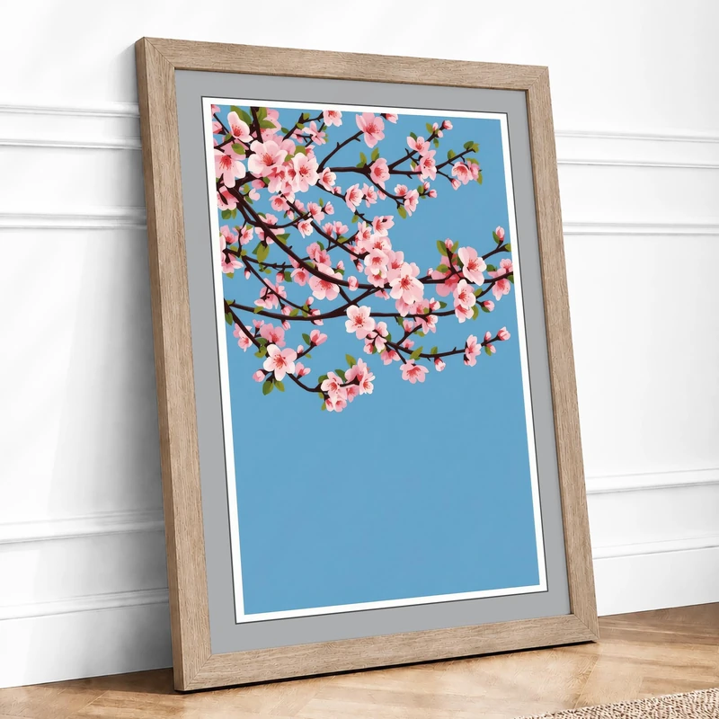Moonlit Cherry Blossom Botanical Framed Wall Art Print A1 (84.1×59.4cm) Oak, Wall Decor for Living Room, Bedroom, Office & Home, Ready to Hang, Art Gift