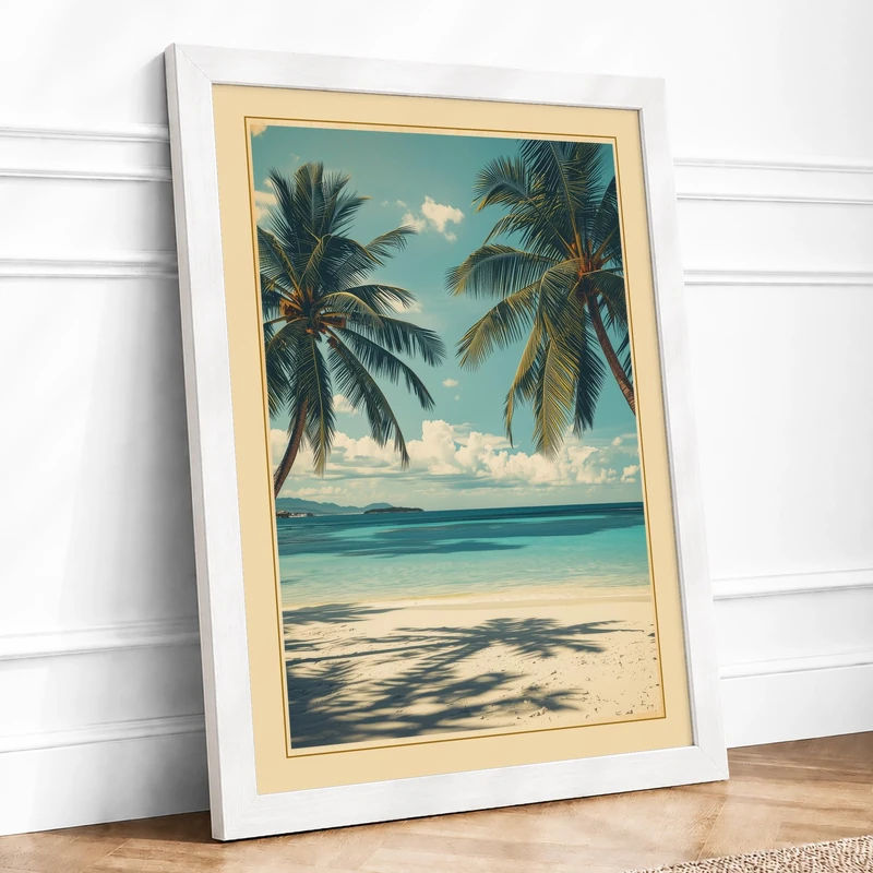 Tropical Paradise Vintage Framed Wall Art Print A1 (84.1×59.4cm) White, Wall Decor for Living Room, Bedroom, Office & Home, Ready to Hang, Art Gift