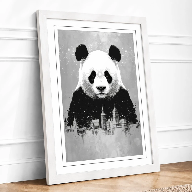 Panda City Modern Framed Wall Art Print A1 (84.1×59.4cm) White, Wall Decor for Living Room, Bedroom, Office & Home, Ready to Hang, Art Gift - Image 1