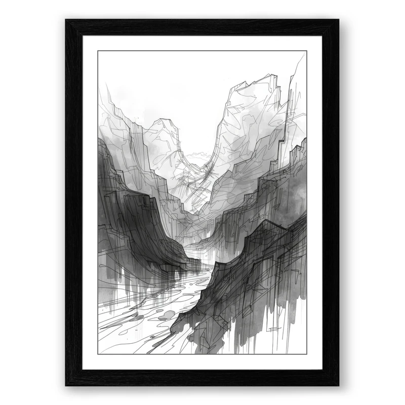 Mountain Gorge Study Minimalist Framed Wall Art Print A1 (84.1×59.4cm) Black, Wall Decor for Living Room, Bedroom, Office & Home, Ready to Hang, Art Gift