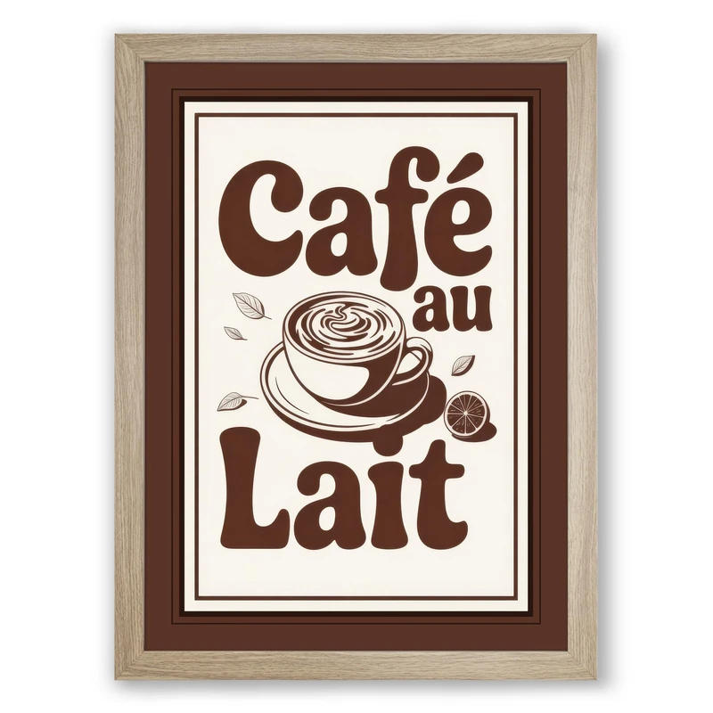Café au Lait Vintage Framed Wall Art Print A1 (84.1×59.4cm) Oak, Wall Decor for Living Room, Bedroom, Office & Home, Ready to Hang, Art Gift