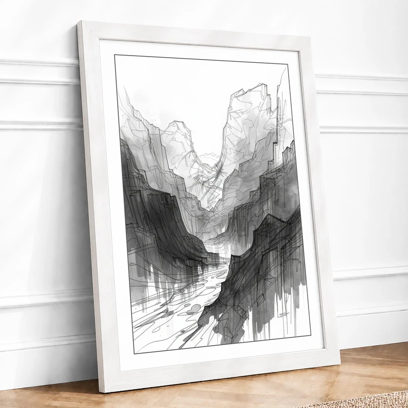 Mountain Gorge Study Minimalist Framed Wall Art Print A1 (84.1×59.4cm) White, Wall Decor for Living Room, Bedroom, Office & Home, Ready to Hang, Art Gift
