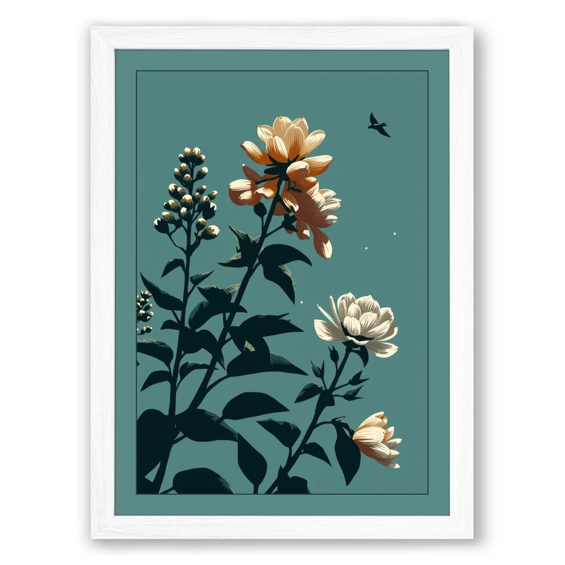Garden at Dusk Botanical Framed Wall Art Print A1 (84.1×59.4cm) White, Wall Decor for Living Room, Bedroom, Office & Home, Ready to Hang, Art Gift