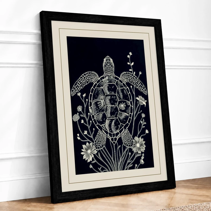 Turtle in Ocean Flora Boho Framed Wall Art Print A1 (84.1×59.4cm) Black, Wall Decor for Living Room, Bedroom, Office & Home, Ready to Hang, Art Gift