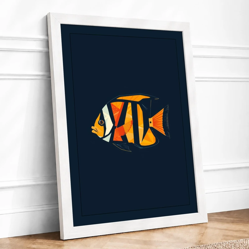 Geometric Fish Modern Framed Wall Art Print A1 (84.1×59.4cm) White, Wall Decor for Living Room, Bedroom, Office & Home, Ready to Hang, Art Gift