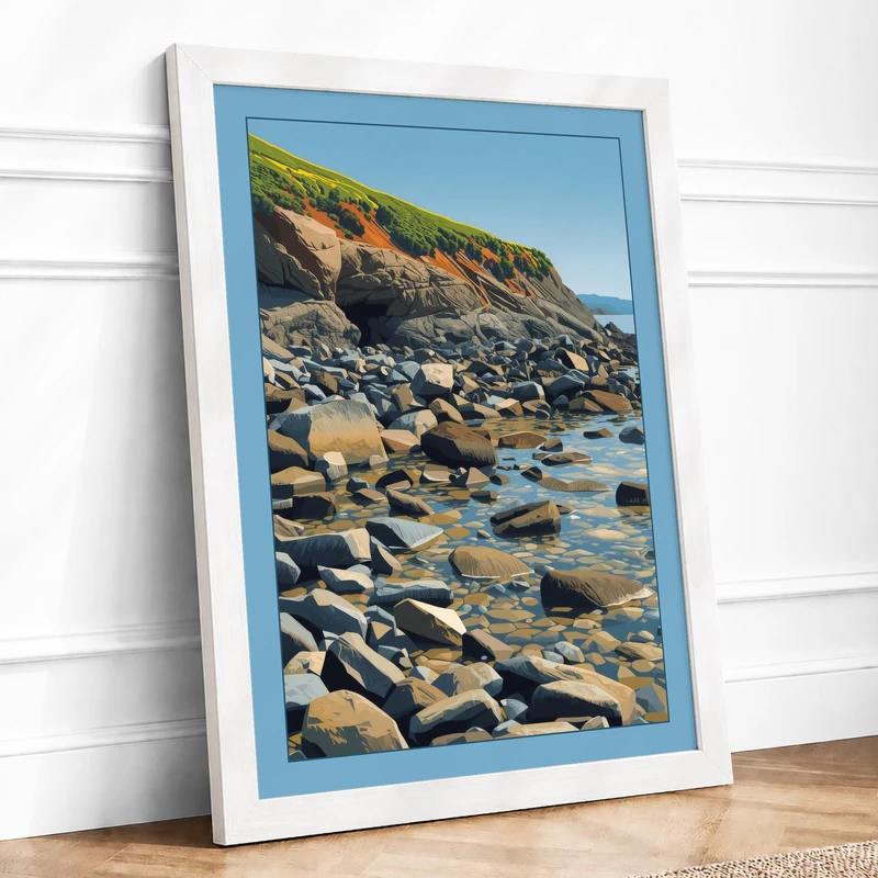 Rocky Shoreline at Daylight Coastal Framed Wall Art Print A1 (84.1×59.4cm) White, Wall Decor for Living Room, Bedroom, Office & Home, Ready to Hang, Art Gift