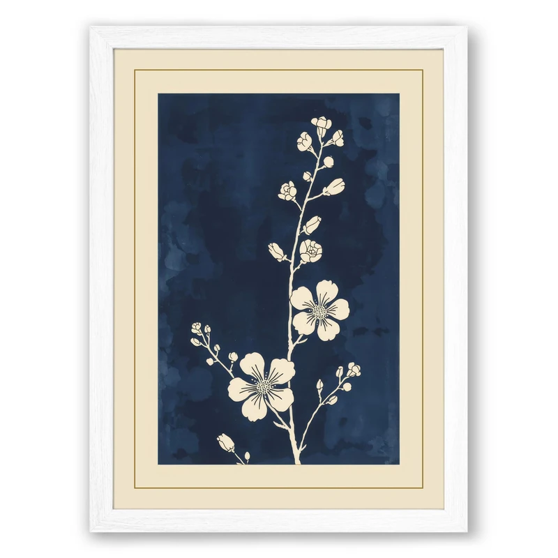 White Blossoms on Navy Japandi Framed Wall Art Print A1 (84.1×59.4cm) White, Wall Decor for Living Room, Bedroom, Office & Home, Ready to Hang, Art Gift - Image 1