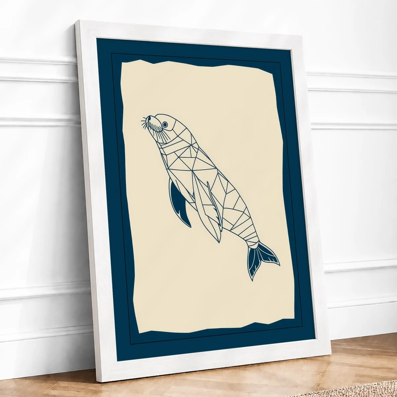 Fish Geometric Framed Wall Art Print A1 (84.1×59.4cm) White, Wall Decor for Living Room, Bedroom, Office & Home, Ready to Hang, Art Gift