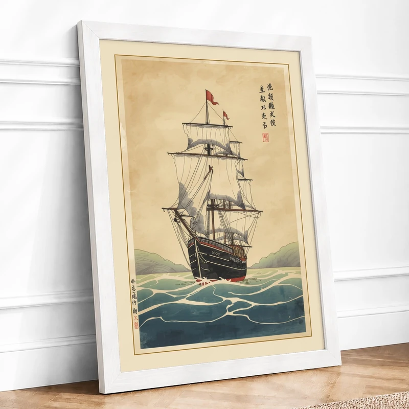 Sailing Ship at Seas Japandi Framed Wall Art Print A1 (84.1×59.4cm) White, Wall Decor for Living Room, Bedroom, Office & Home, Ready to Hang, Art Gift