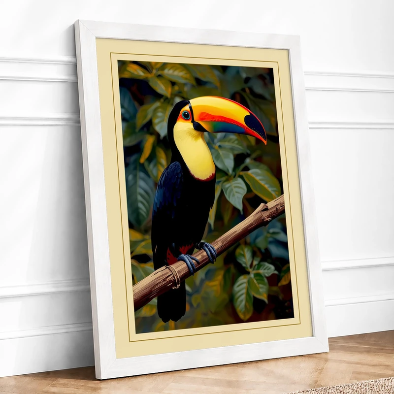 Toucan on Branch Tropical Framed Wall Art Print A1 (84.1×59.4cm) White, Wall Decor for Living Room, Bedroom, Office & Home, Ready to Hang, Art Gift - Image 1