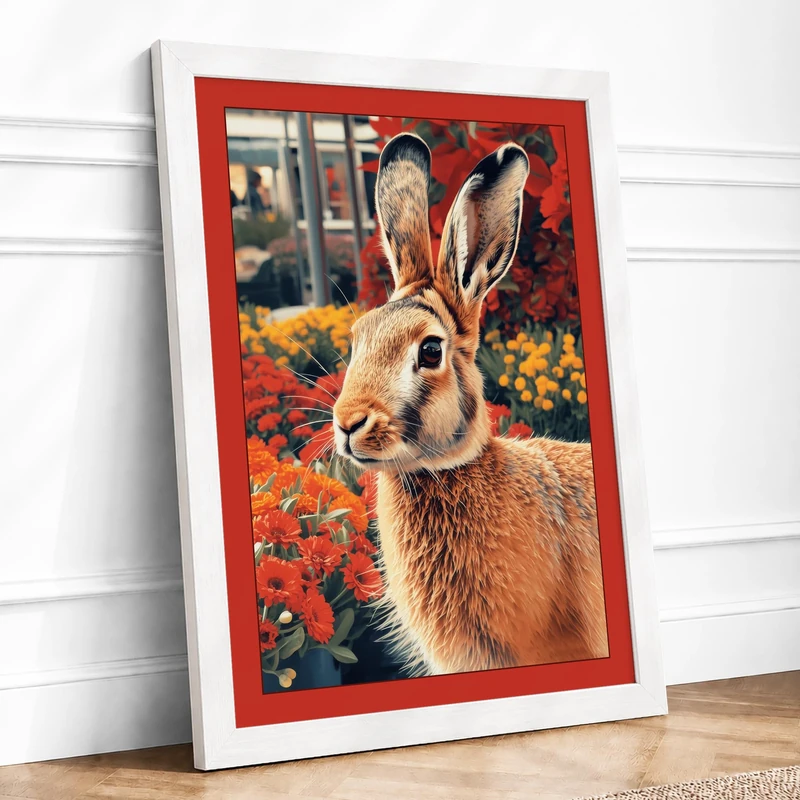Garden Rabbit Botanical Framed Wall Art Print A1 (84.1×59.4cm) White, Wall Decor for Living Room, Bedroom, Office & Home, Ready to Hang, Art Gift - Image 1