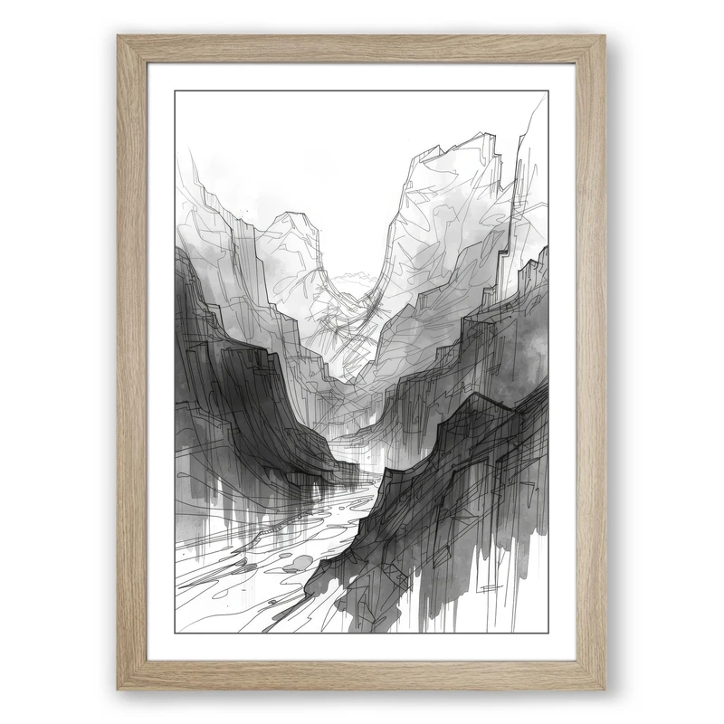 Mountain Gorge Study Minimalist Framed Wall Art Print A1 (84.1×59.4cm) Oak, Wall Decor for Living Room, Bedroom, Office & Home, Ready to Hang, Art Gift
