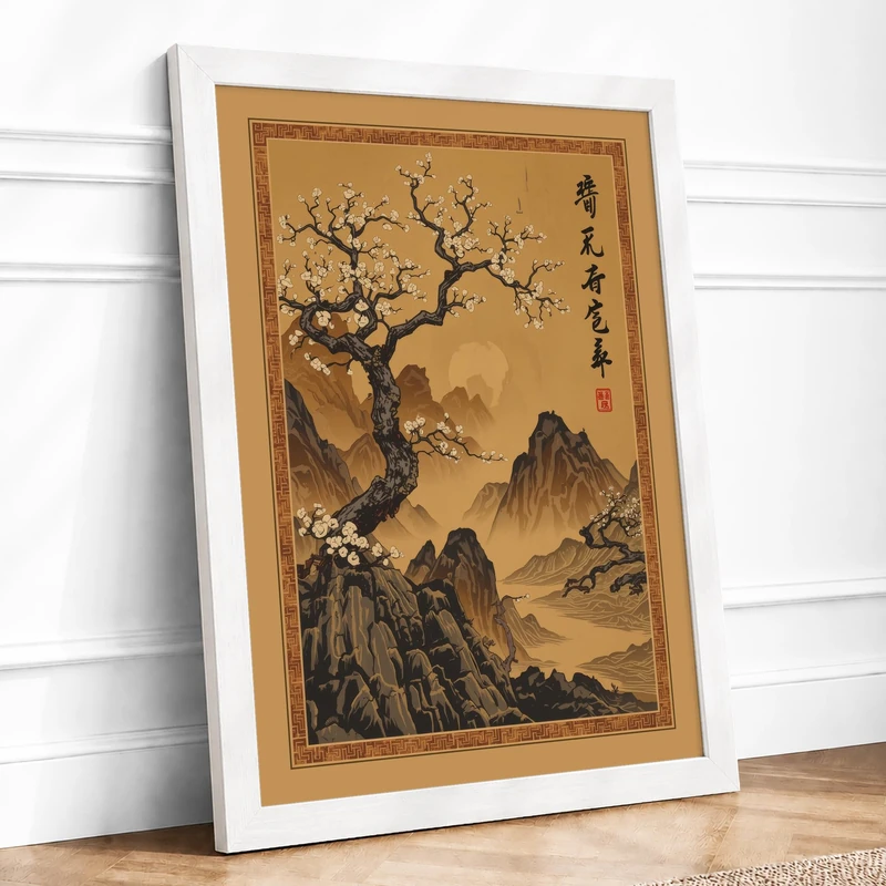 Gnarled Tree in Mountains Japandi Framed Wall Art Print A1 (84.1×59.4cm) White, Wall Decor for Living Room, Bedroom, Office & Home, Ready to Hang, Art Gift - Image 1