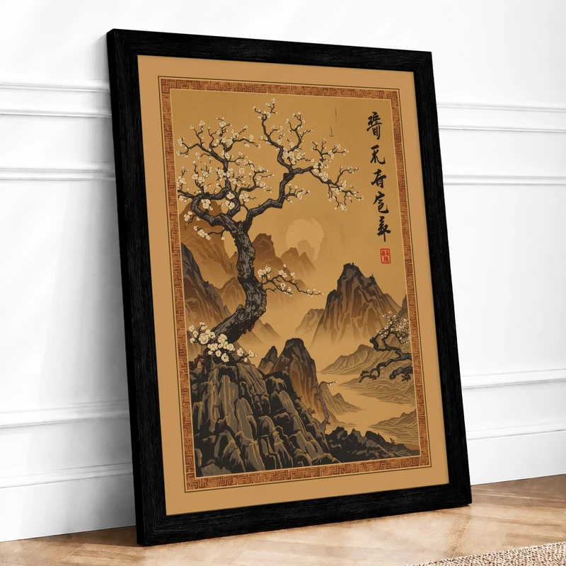 Gnarled Tree in Mountains Japandi Framed Wall Art Print A1 (84.1×59.4cm) Black, Wall Decor for Living Room, Bedroom, Office & Home, Ready to Hang, Art Gift