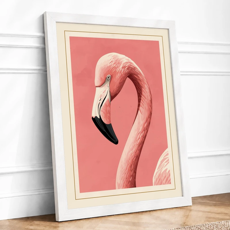 Contemplative Flamingo Minimalist Framed Wall Art Print A1 (84.1×59.4cm) White, Wall Decor for Living Room, Bedroom, Office & Home, Ready to Hang, Art Gift
