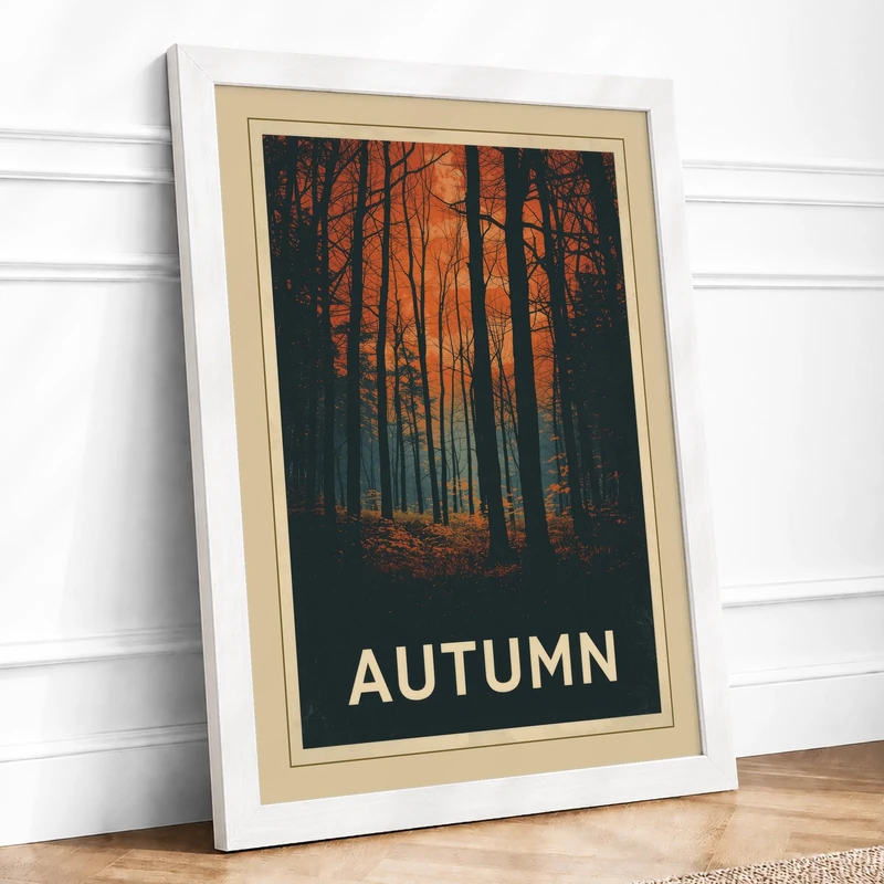 Autumn Forest Path Vintage Framed Wall Art Print A1 White